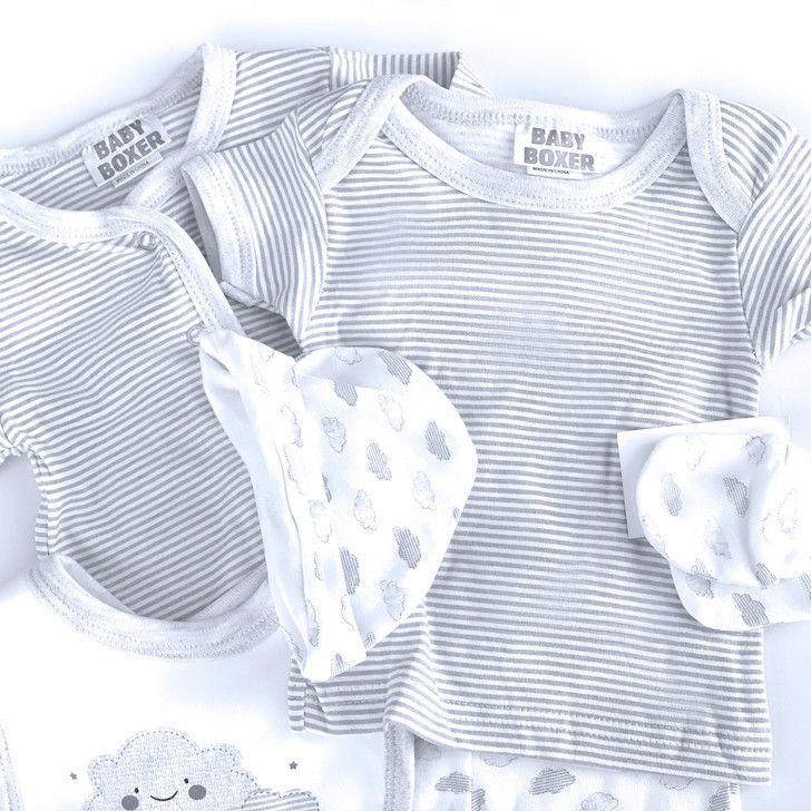 Generic Cloud Layette Set 10 Piece, collection of baby clothing including striped and cloud patterned onesies and mittens.