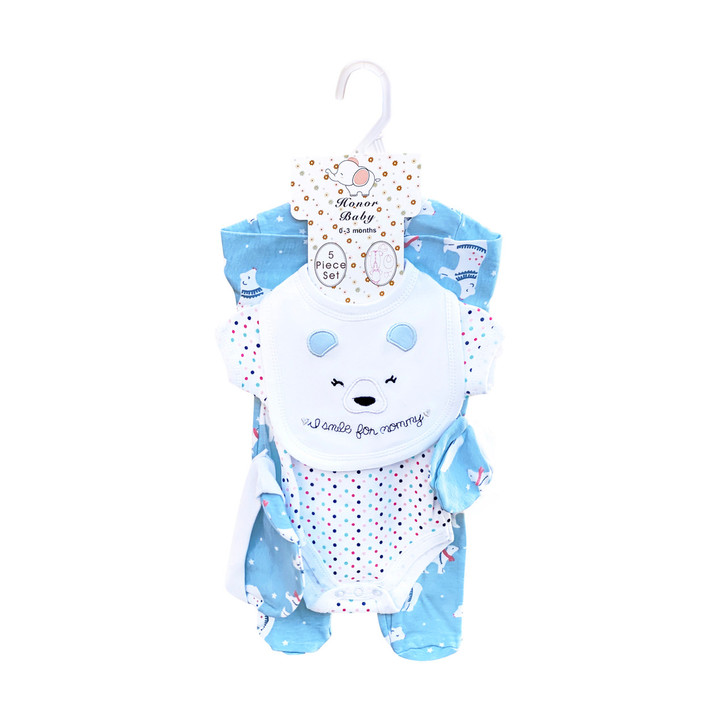 Generic Polar Bear Layette Set 5 Pieces, baby clothing set featuring a polar bear design with a bib and matching outfits for newborns.