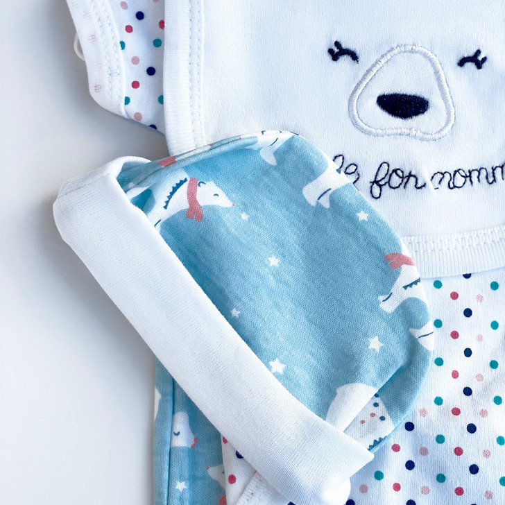 Generic Polar Bear Layette Set 5 Pieces, baby clothes with polar bear embroidery and colorful polka dot accents.