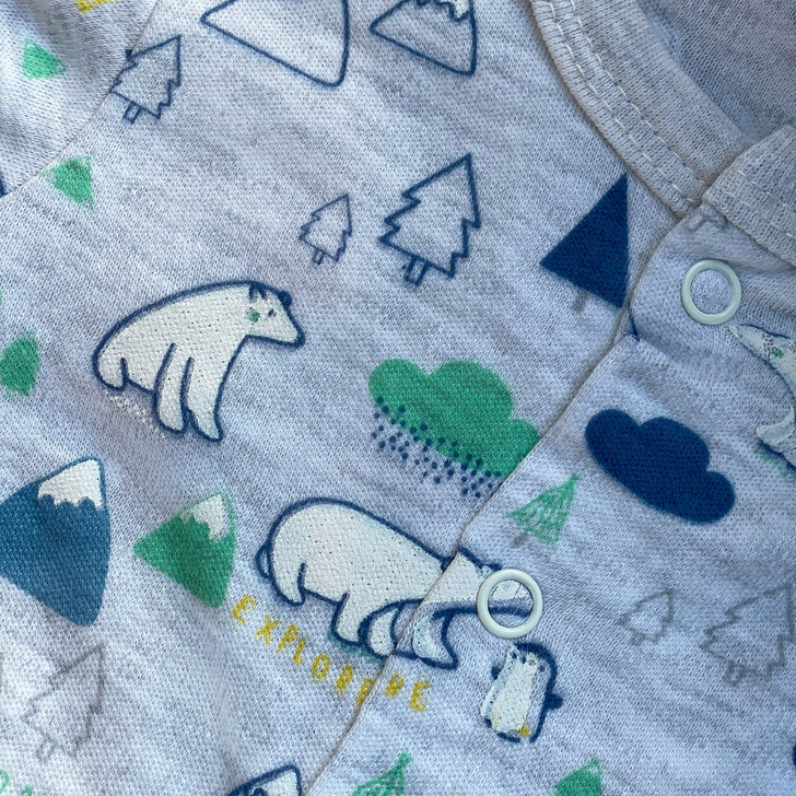 Generic Neutral Polar Bear Layette Set 5 Pieces, fabric with polar bear and mountain print design.