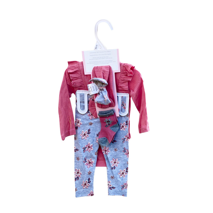 Generic Flower Layette Set 4 Piece, a pink and gray floral newborn clothing with jacket, pants, hat, and socks.