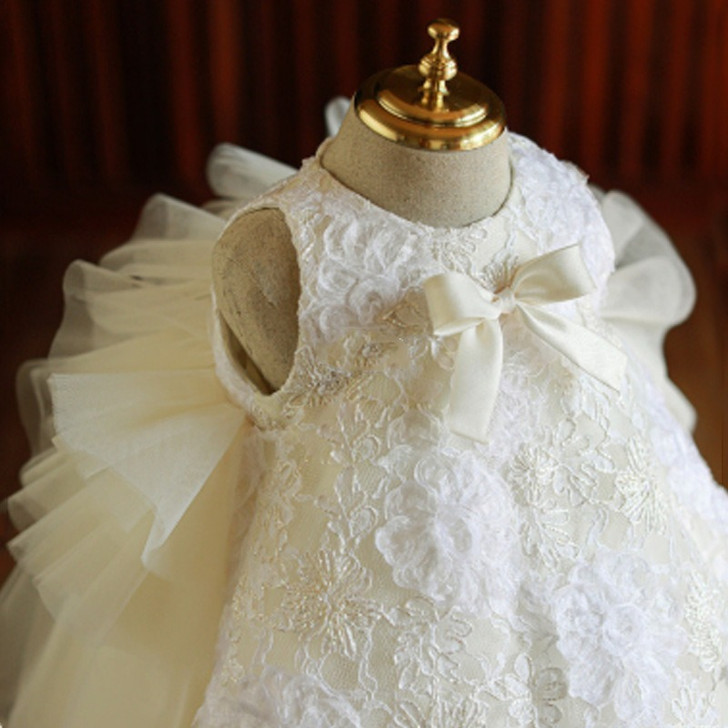 Elegant Off-White Girl Dress Round Neck Sleevless Front Bow Christening Wedding parties |OONA Kids
