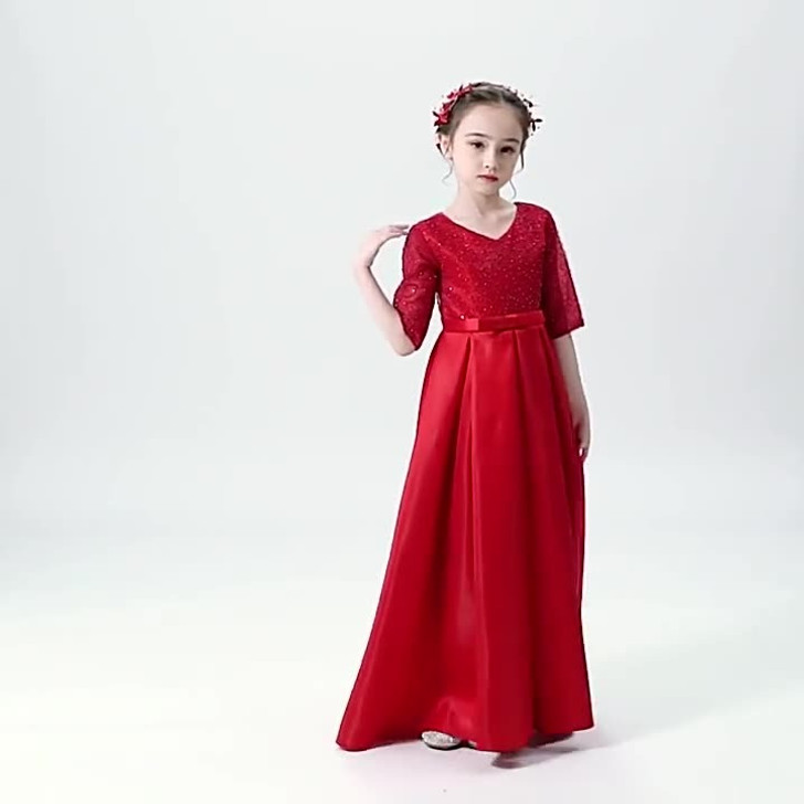 Red Flower Girl Dress Satin Skirt Sequin Top Quarter Sleeve |OONA Kids