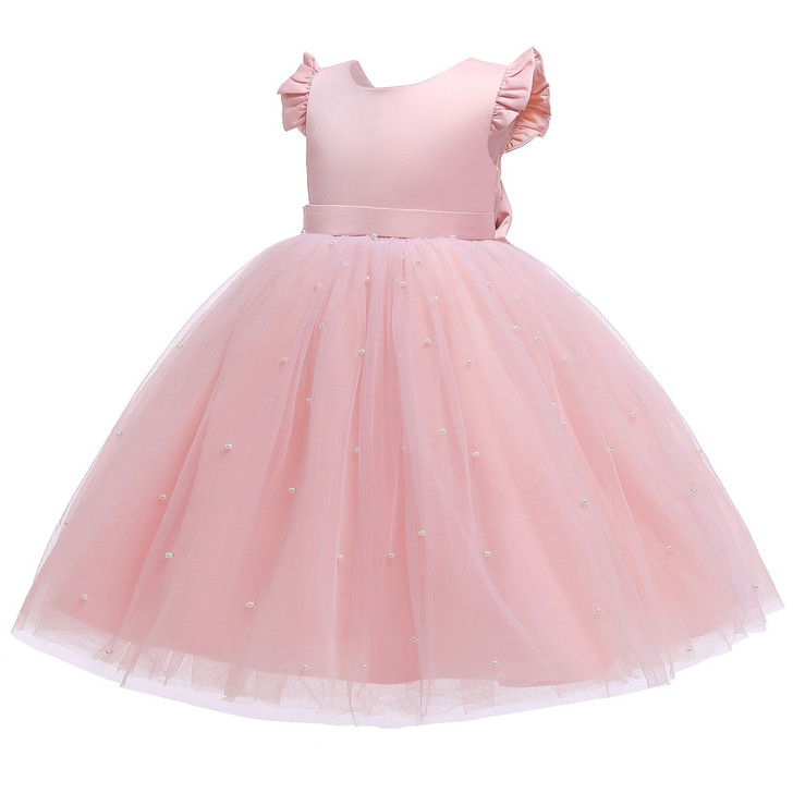 OONA Amelia Tulle Klosh pink dress, a girl's formal gown with a satin bodice and ruffled sleeves, featuring a full tulle skirt adorned with small pearl embellishments, perfect for special occasions and parties.