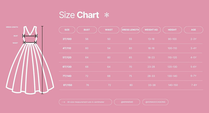 OONA Amelia Tulle Klosh, size chart for children's dress with measurements in centimeters for bust, waist, dress length, weight, height, and age.