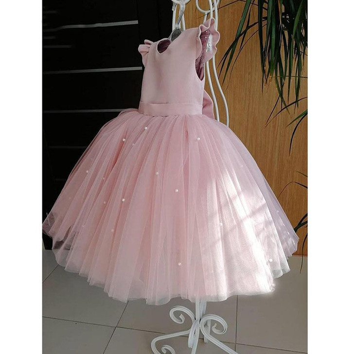 Flower Girl Occasion Dress Tulle Epearl Embroiders Skirt Back Big Satin Bow Satin Top | OONA Kids