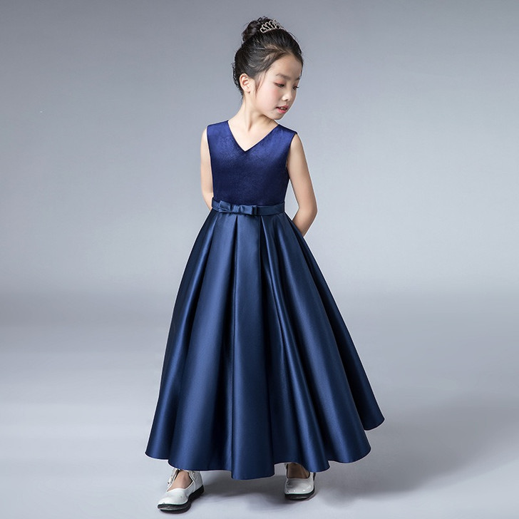 Girls Evening Gown Dress PerformanceLong Dress Satin Skirt Bow Belt Cello Chorus Competition | OONA KIDS