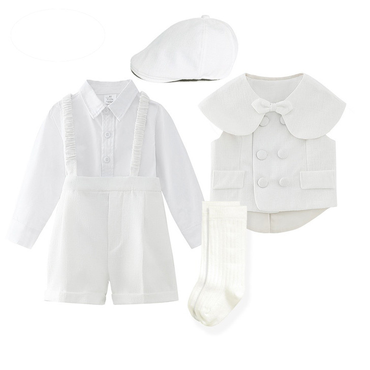 White boy Suspender Outfit flower boy vest suit set hat boy's  birthday Baptismal |OONA KIDS