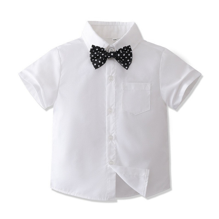 OONA Mike Short Suite Suspender, white short-sleeve shirt with a black and white polka dot bow tie.