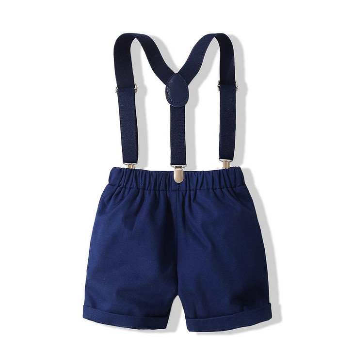 Toddler Boys Striped Blue Shirt Bow and Suspender Set Semi-Formal Kids Navy Blue Suspender Short |OONA Kids