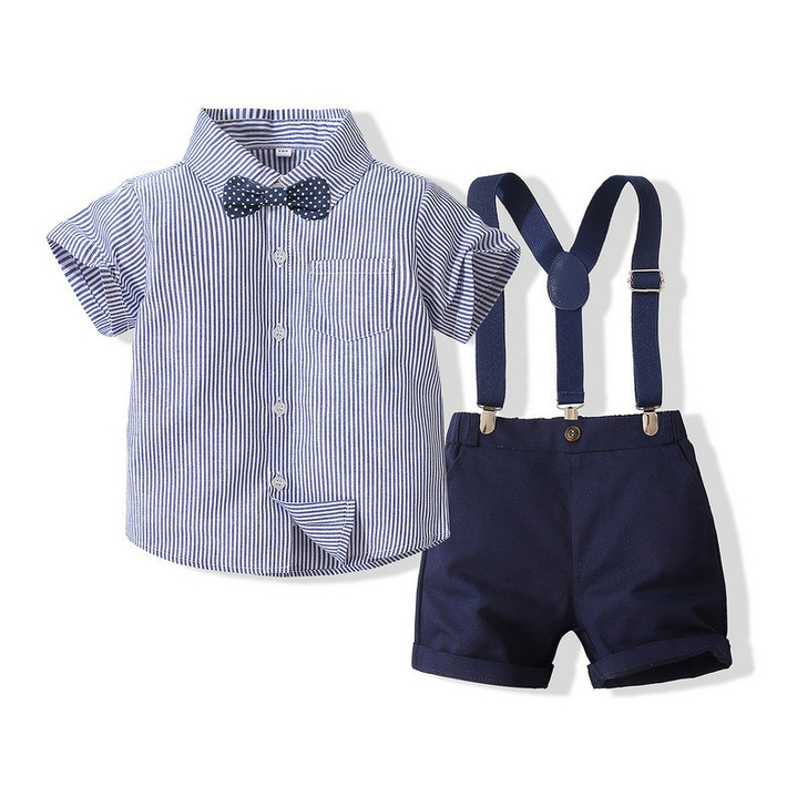 Toddler Boys Striped Blue Shirt Bow and Suspender Set Semi-Formal Kids Navy Blue Suspender Short |OONA Kids