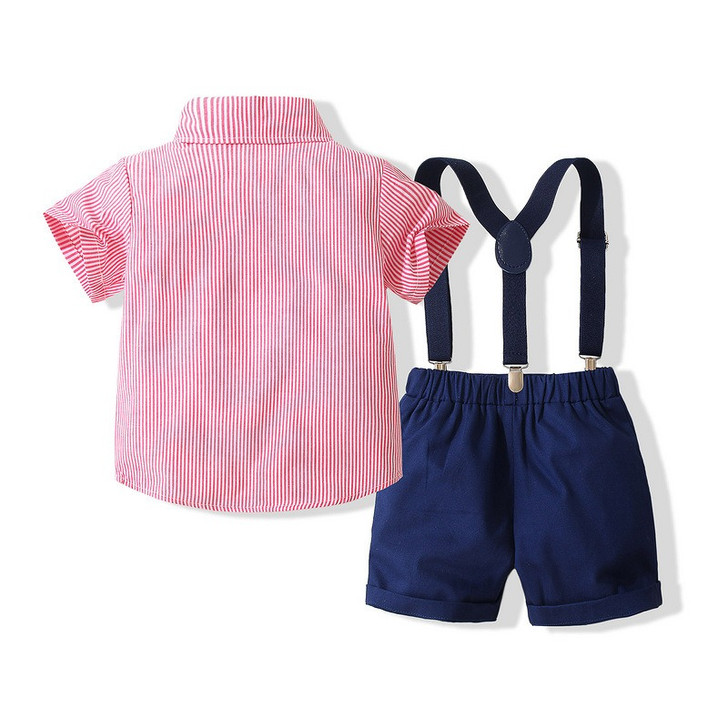 Toddler Boys Striped Blue Shirt Bow and Suspender Set Semi-Formal Kids Navy Blue Suspender Short |OONA Kids