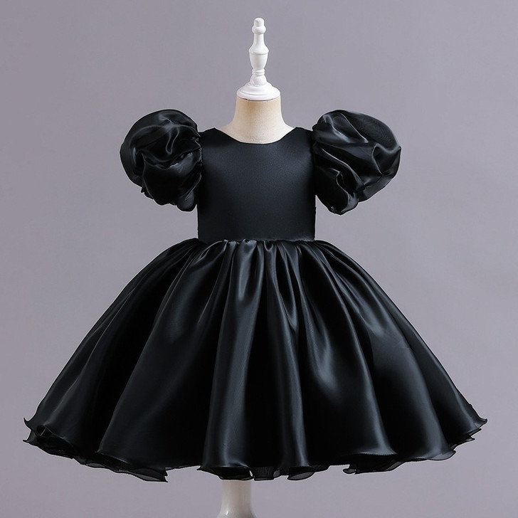 Girls Dress Evening Gown Evening Dress Puffed Sleeve Short Satin Tutu Skirt Back Slit Bow  |OONA Kids