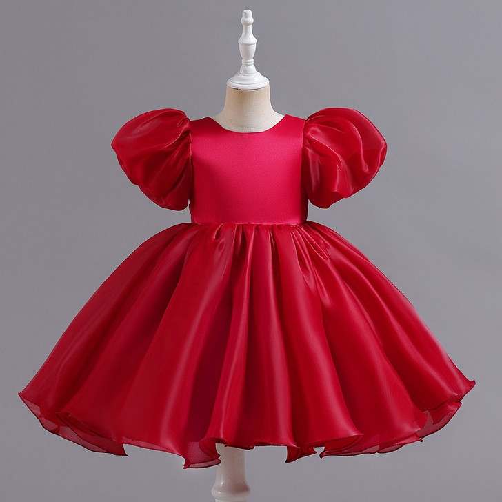 Girls Dress Evening Gown Evening Dress Puffed Sleeve Short Satin Tutu Skirt Back Slit Bow |OONA Kids