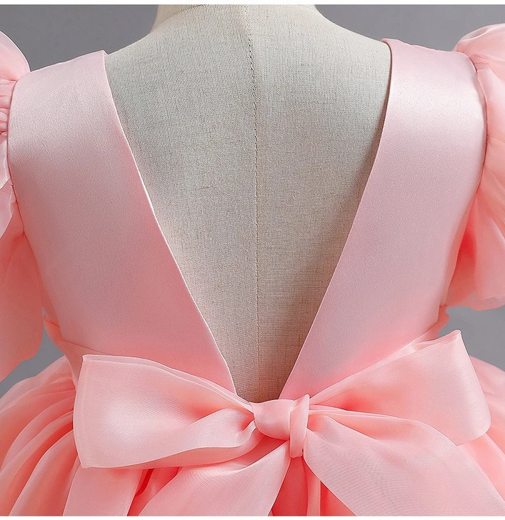 Girls Dress Evening Gown Evening Dress Puffed Sleeve Short Satin Tutu Skirt Back Slit Bow |OONA Kids