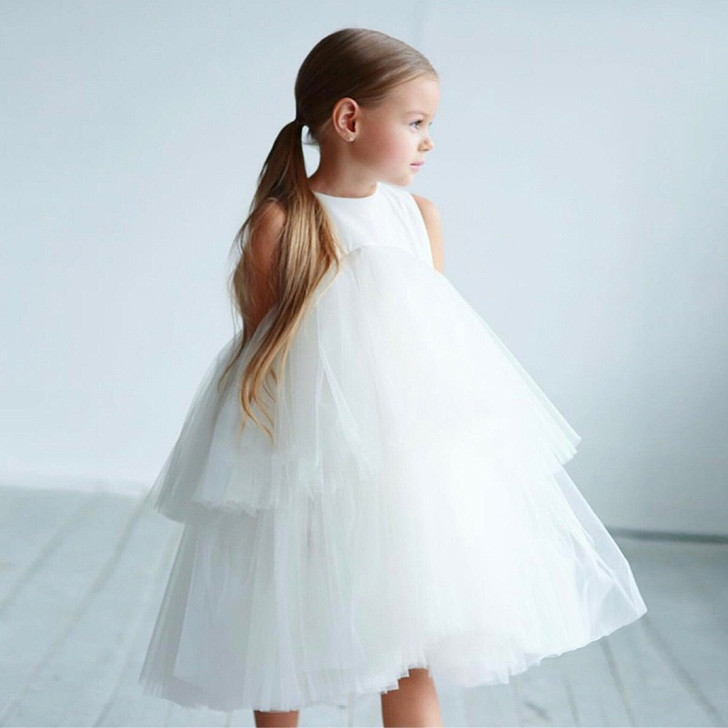 Multi layer White tulle girl dress sleevless flower wedding girl |OONA Kids