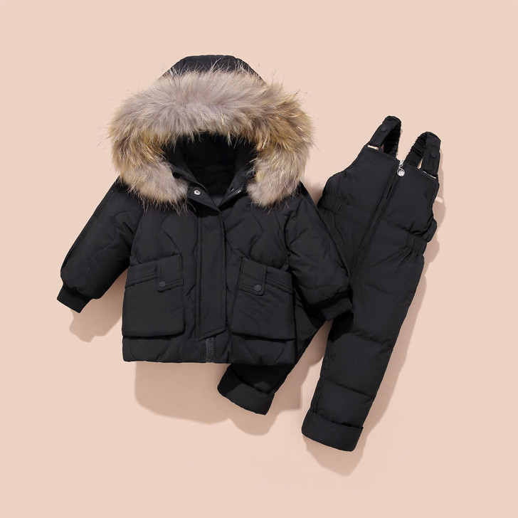 Black 2pcs Baby Ski Suit set Coat Duck Skin Down And Winter Pants