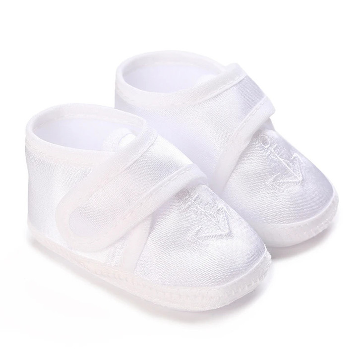 Generic Soft Newborn Baptism Shoes, white soft cloth baby shoes with Velcro strap and embroidered cross design.