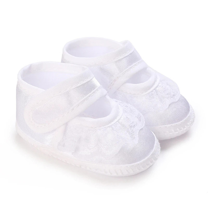 Generic Soft Newborn Baptism Shoes, white baby shoes with delicate lace and velcro straps for infants.