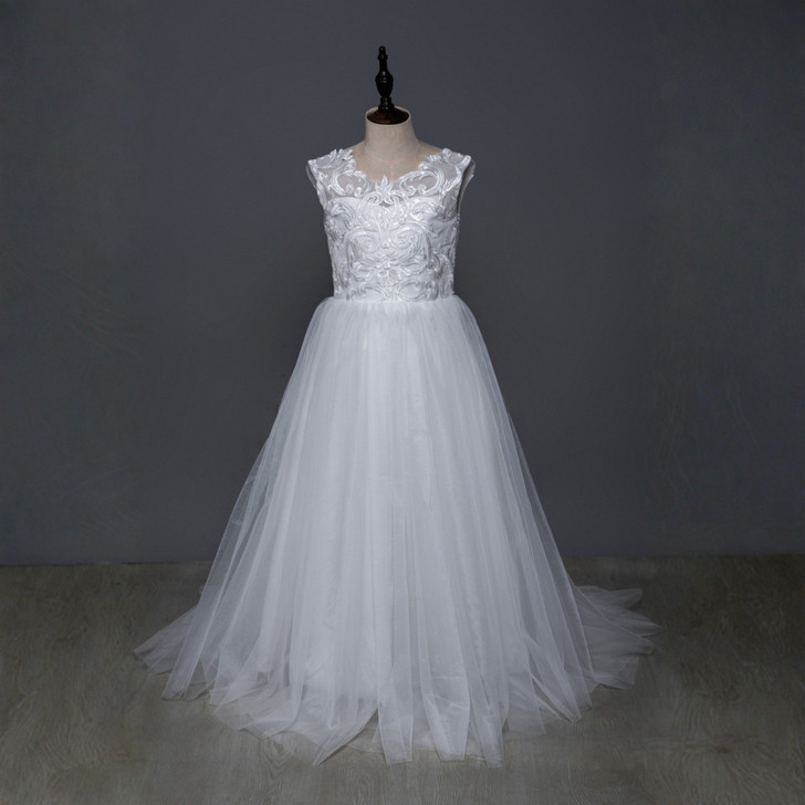 White sleeveless satin flower girl dress with princess-inspired styling