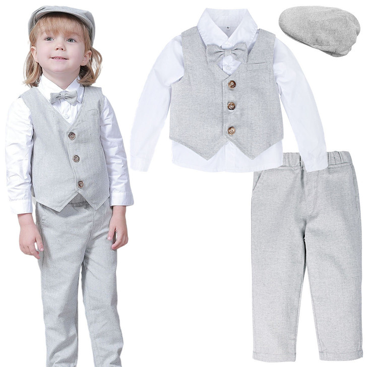 Minnie Me Albert Suit Formal Set for kids, includes a light grey vest with buttons, a white long-sleeve shirt, matching grey trousers, a grey bow tie, and a grey flat cap, suitable for special occasions or formal events.
