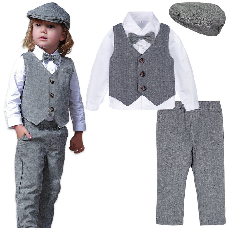 Minnie Me Albert Suit Formal Set, children's gray and white formal outfit with vest, shirt, pants, bow tie, and cap for boys' special occasions.