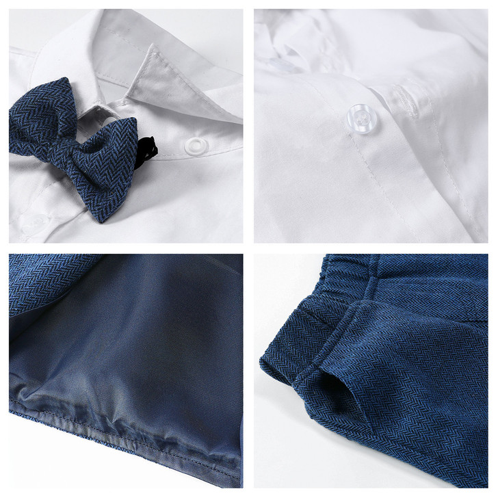 Minnie Me Albert Suit Formal Set, close-up images of a children's formal outfit including a white shirt with a blue patterned bow tie, detailed shots of the fabric and stitching, and the suit's blue pants with a textured pattern.
