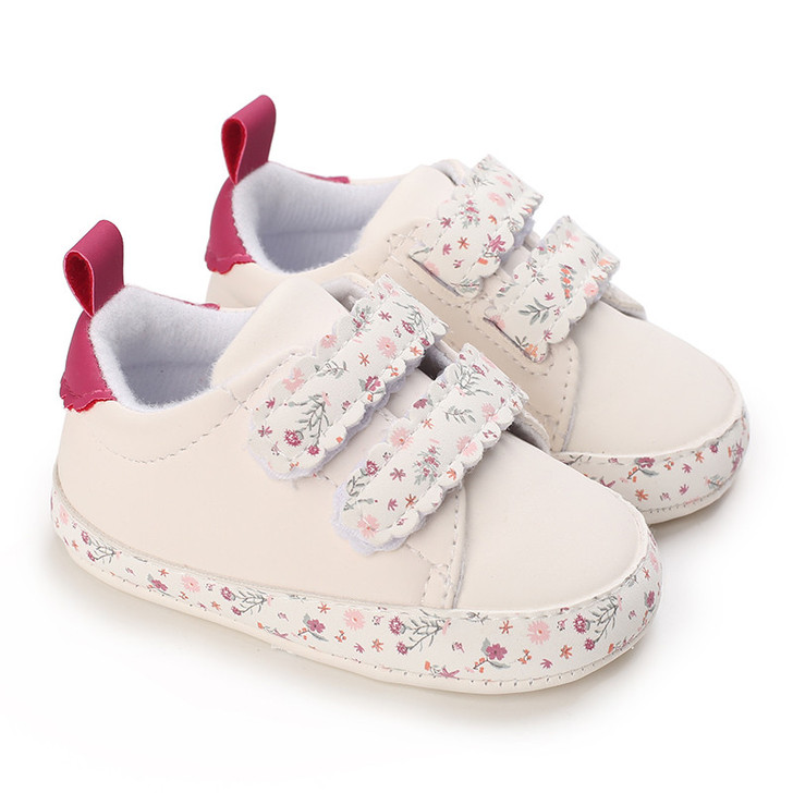 Generic White Shoe Baby Boy White, baby shoes with floral patterned velcro straps and pink accents on heel tabs.