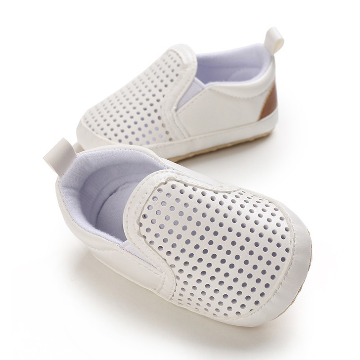 Generic White Shoe Baby Boy White, baby boy's white slip-on shoes with perforated upper for breathability and comfort.