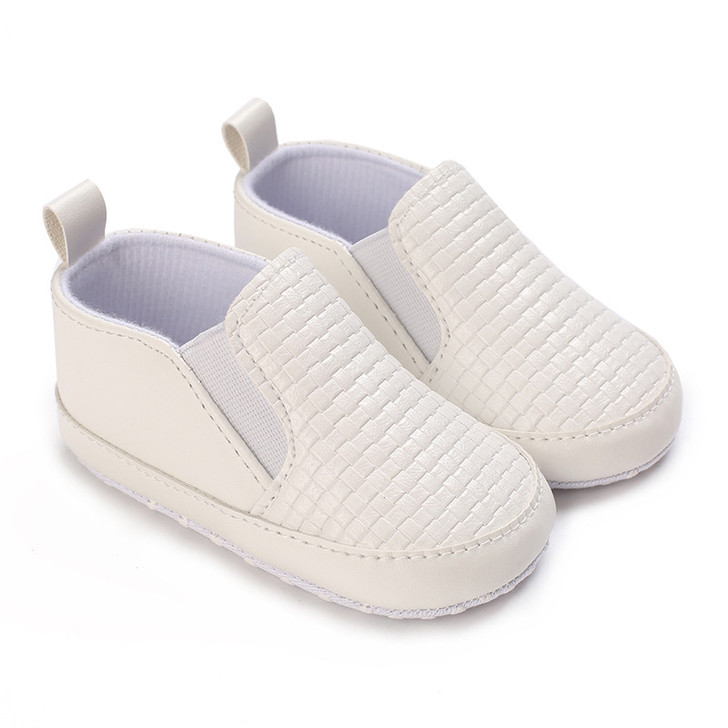 Generic White Shoe Baby Boy White, pair of white slip-on baby shoes with a woven pattern on the upper and elastic side panels for easy wearing