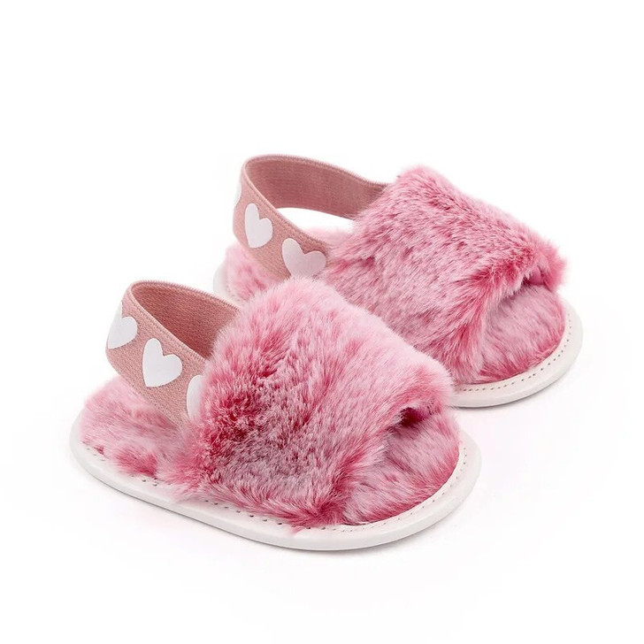 Minnie Me Breathable Soft Sandals, pink fluffy slippers with heart-patterned straps for girls.