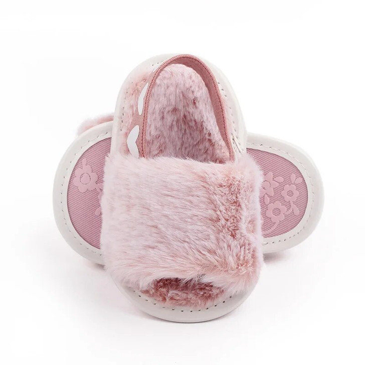 Minnie Me Breathable Soft Sandals, pink furry slip-on children's shoes with floral patterned sole.