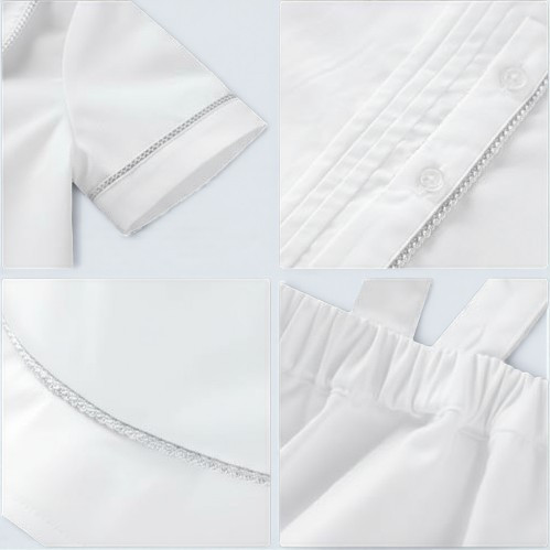 Minnie Me Liam Suspender Set, close-up of details including sleeve hem, button placket, collar edge, and elastic waistband of the white suspender outfit for infants.