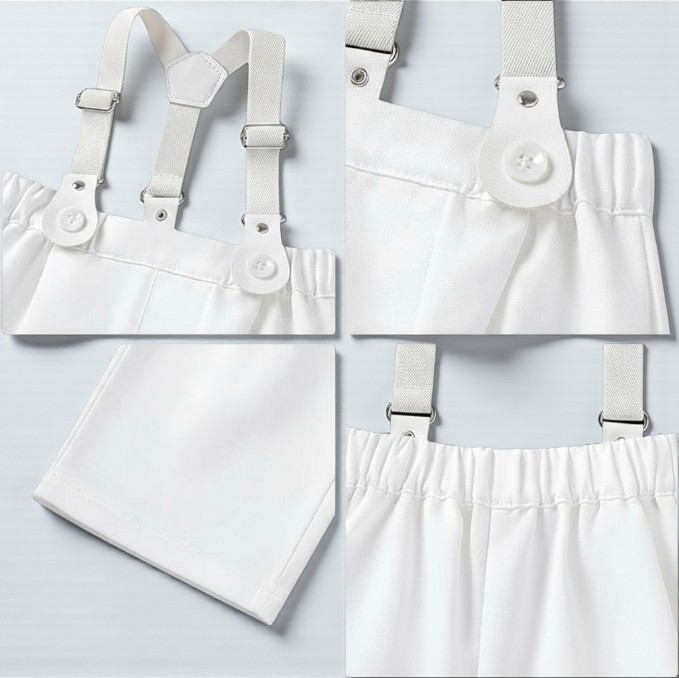 Minnie Me Nicolas Suspender Set, white suspender set with adjustable straps, button details, and elastic waistband, including a matching white fabric piece.