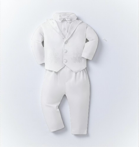 Minnie Me Charlie Baptism Suit, white formal baby suit with jacket, shirt, and pants perfect for baptism ceremonies.