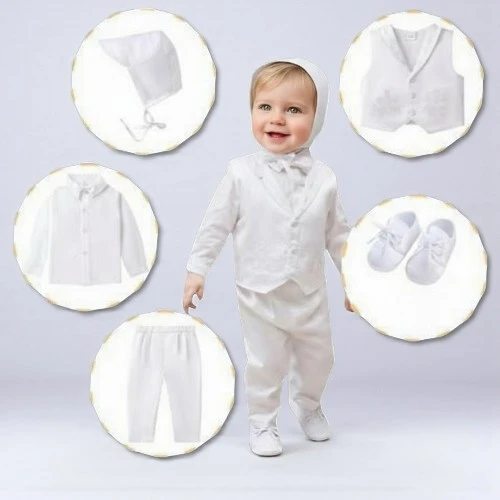 Minnie Me Charlie Baptism Suit, baby boy wearing a white baptismal outfit with accessories shown in circular insets including a hat, vest, shirt, pants, and shoes.