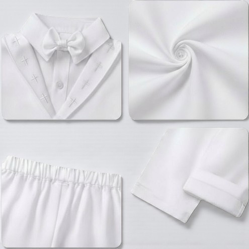 Minnie Me Charlie Baptism Suit, white baptismal suit with a bow tie, embroidered details, matching pants, and a soft fabric swirl.