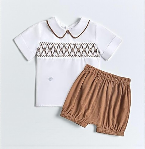 Minnie Me Mateo Formal Short Set, white short-sleeve shirt with embroidered detail and a brown Peter Pan collar paired with tan elastic-waist shorts.
