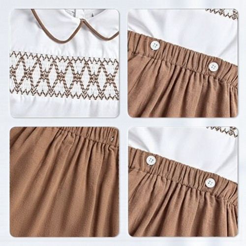 Minnie Me Mateo Formal Short Set, baby boy's beige shorts with elastic waistband and white buttons, with a white top featuring brown embroidery and brown trim detail.