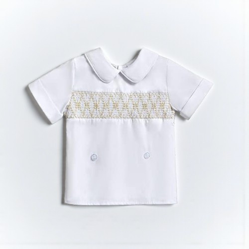 Minnie Me Mateo Formal Short Set, white short-sleeve shirt with embroidered detail and decorative buttons.