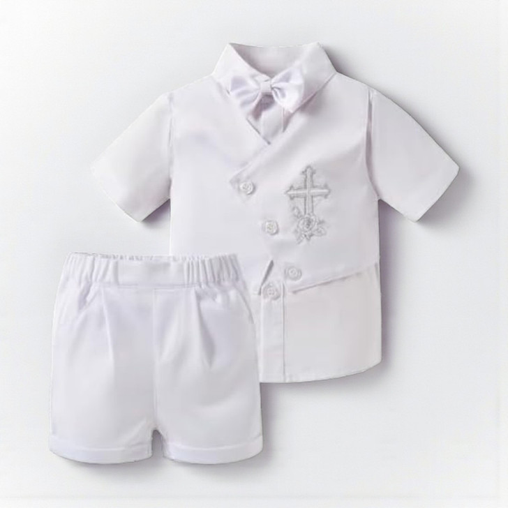 Minnie Me Little Lucas Christening Suit, white baby suit with embroidered cross and matching shorts.