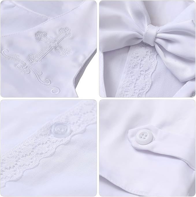 Minnie Me Noa 6-pcs Baptism Set With Shoes, white baptismal clothing with embroidered cross, lace details, large bow, button accents, and matching shoes.