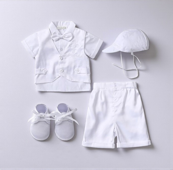 Minnie Me Noa 6-pcs Baptism Set With Shoes, white baby baptism outfit including a shirt with bow tie, shorts, shoes, and a hat.