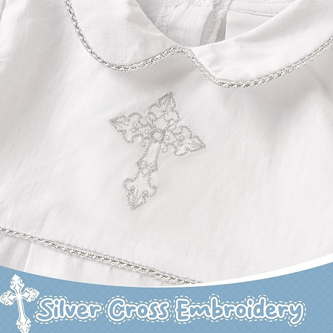 Minnie Me Yeshua Cross Embroidery Romper, close-up of the white romper featuring intricate silver cross embroidery on the front and delicate silver trim details.