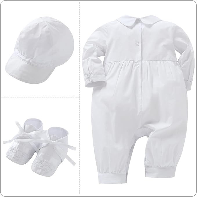 Minnie Me Bode Christening Romper Set, white baby romper with matching hat and booties for christening or special occasions.