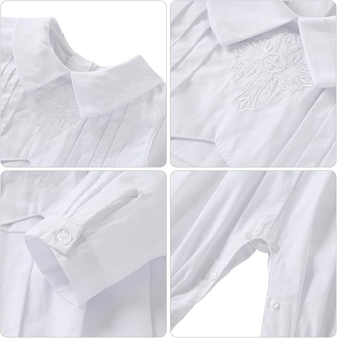 Minnie Me Bode Christening Romper Set, white christening romper with embroidered floral design and snap buttons for easy dressing.