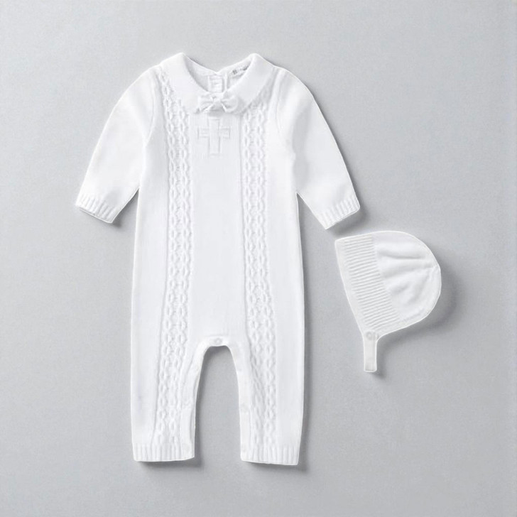 Minnie Me Noah Christening Romper, white christening romper with embroidered details and matching bonnet for baby boys.