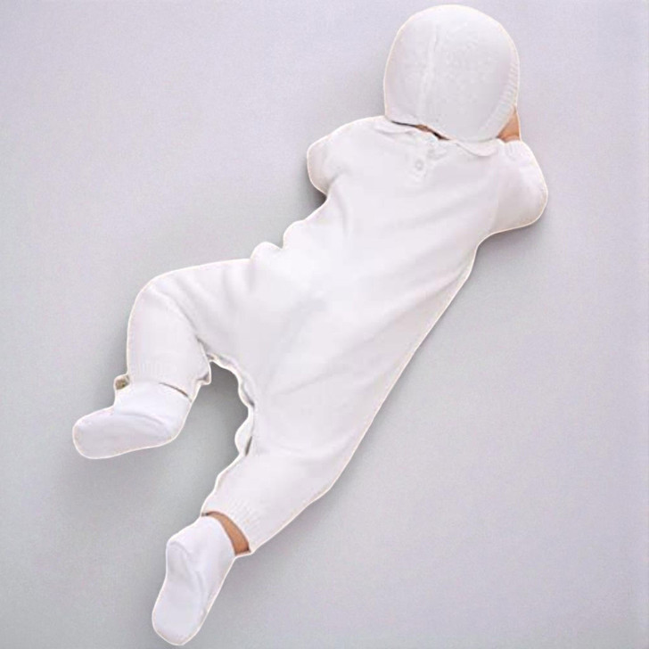 Minnie Me Noah Christening Romper, white baby's christening romper with hood and built-in socks.