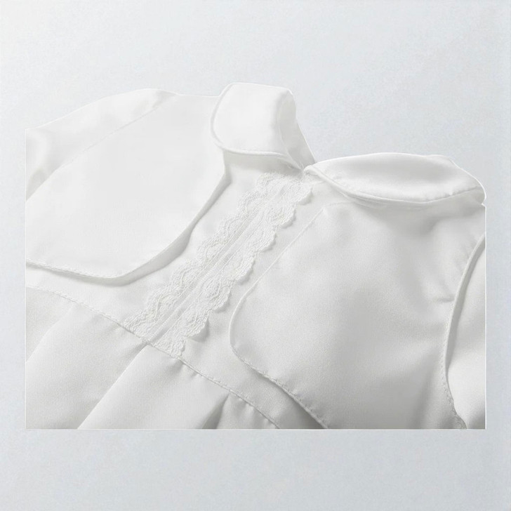 Minnie Me Jettson White Romper With Hat, elegant baby girl's white satin romper with lace detail and matching hat for special occasions.