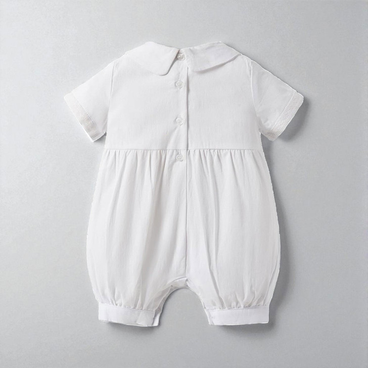 Minnie Me Mike White Baptism Romper, white baby baptism romper with short sleeves, button-down front, Peter Pan collar, and gathered elasticized ankles for infants.